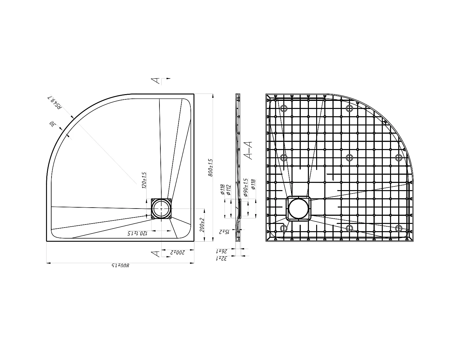 Ekstra flat kvartsirkelformet dusjbrett til å plassere på eller innfelle nedskjørbar i harpiks SMC med vannlås - Hvit - 80 x 80 cm - SYFORSA