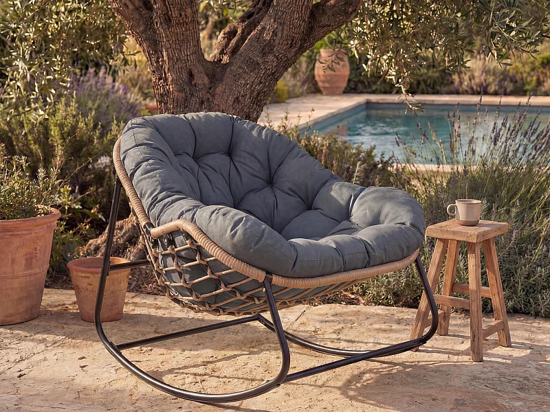 Fauteuil de jardin à bascule en acier - Naturel clair et coussin anthracite - ZAMY de MYLIA