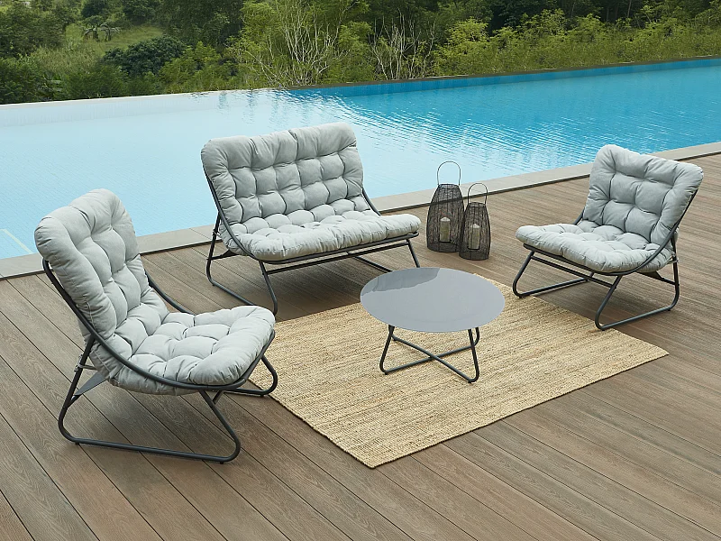 Salon de jardin en acier : 1 canapé 2 places, 2 fauteuils et 1 table basse - Anthracite avec coussins gris - LYMIS de MYLIA