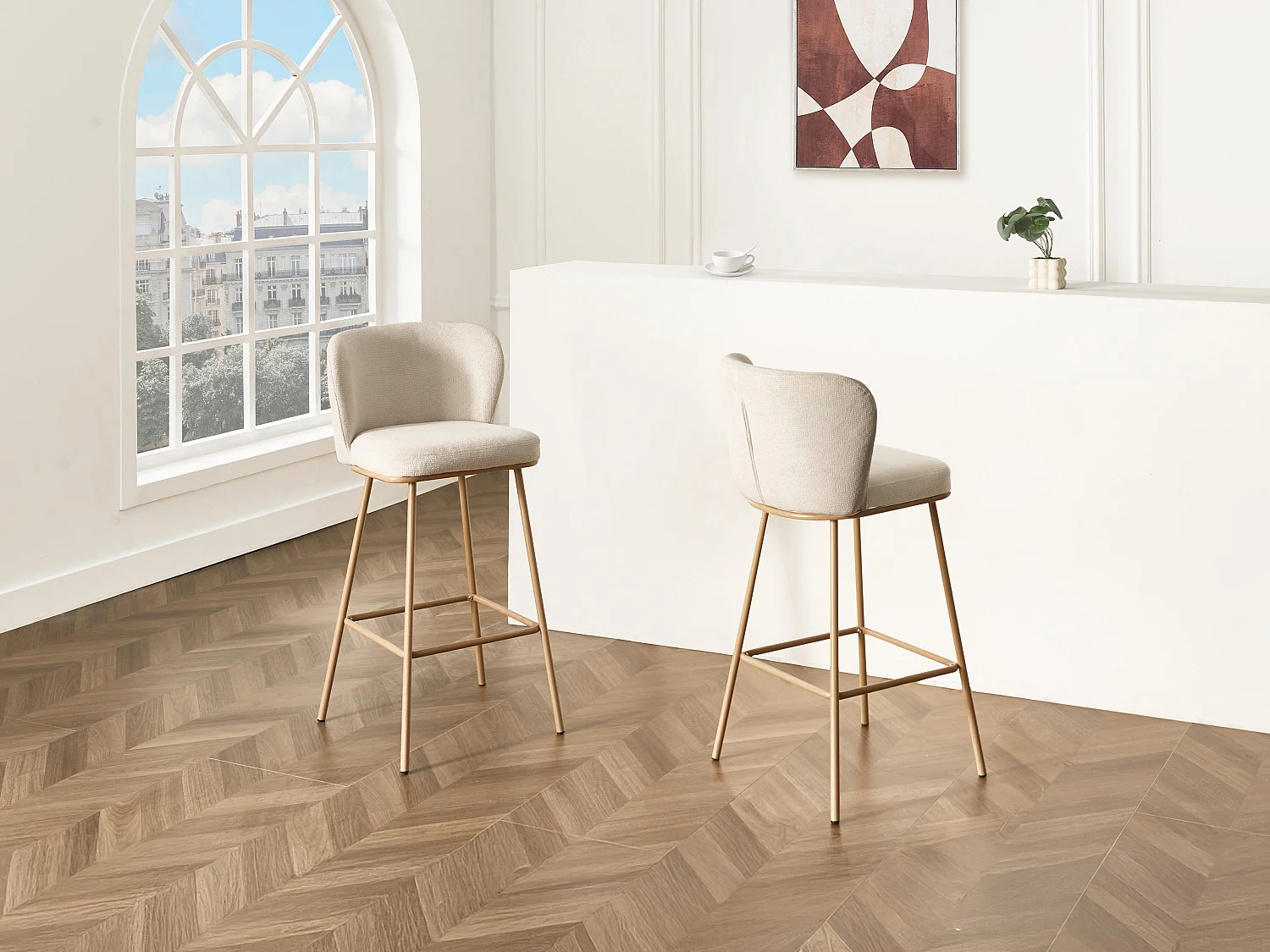 Lot de 2 tabourets de bar en tissu texturé et métal effet bois - Beige et Naturel - SENORASE