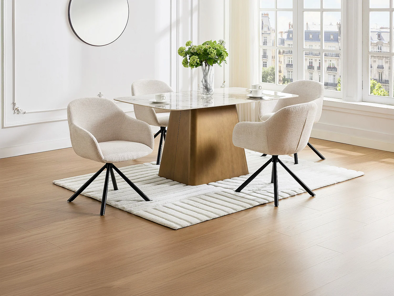 Lot de 2 chaises avec accoudoirs en tissu texturé et métal noir - Crème - CILIENO