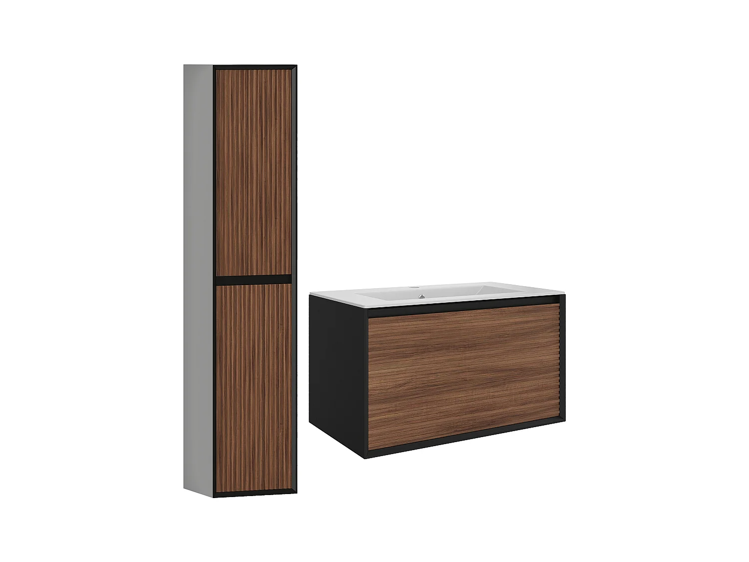 Meuble de salle de bain suspendu strié avec vasque à encastrer et colonne - Coloris naturel foncé et noir - 80 cm - BANIVA