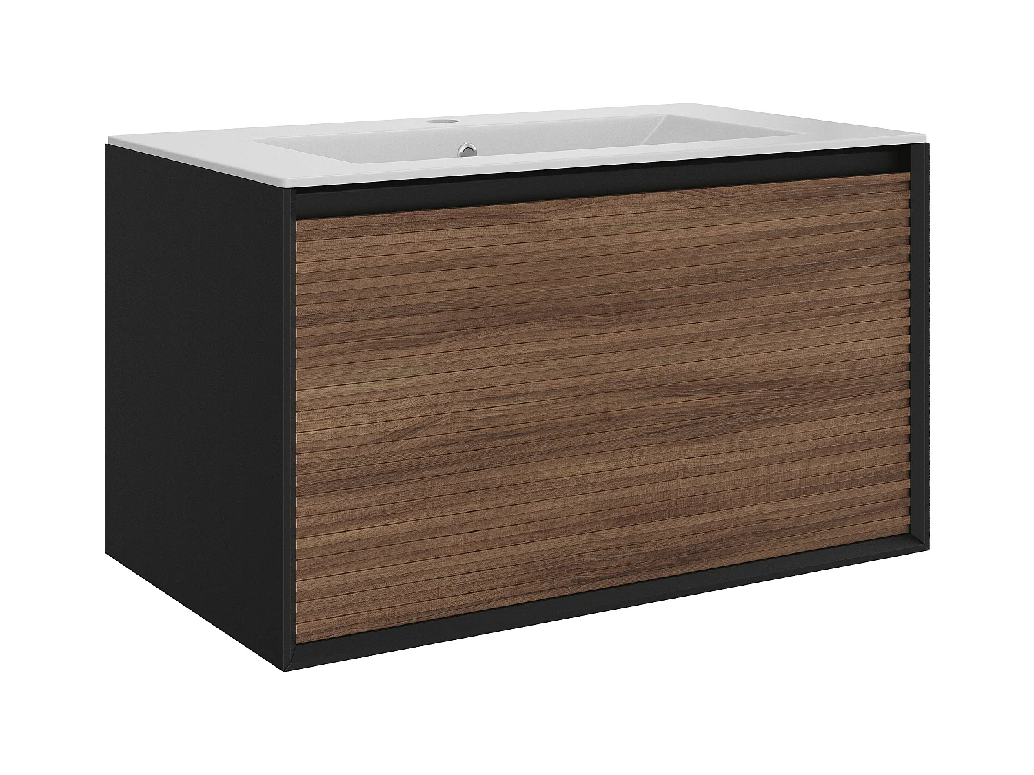 Meuble de salle de bain suspendu strié avec vasque à encastrer et colonne - Coloris naturel foncé et noir - 80 cm - BANIVA