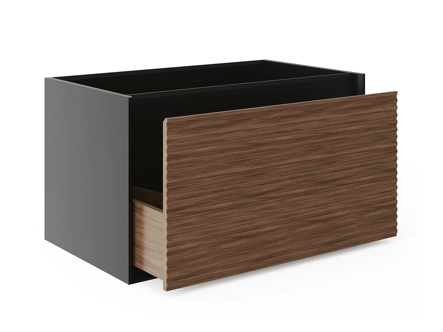 Meuble de salle de bain suspendu strié avec vasque à encastrer et colonne - Coloris naturel foncé et noir - 80 cm - BANIVA