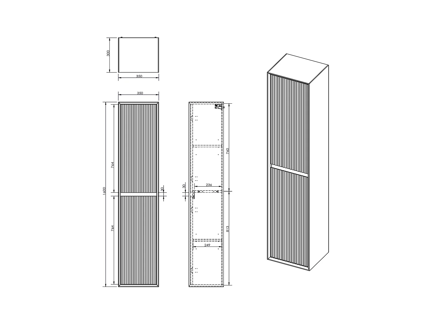 Meuble de salle de bain suspendu strié avec vasque à encastrer et colonne - Coloris naturel foncé et noir - 80 cm - BANIVA