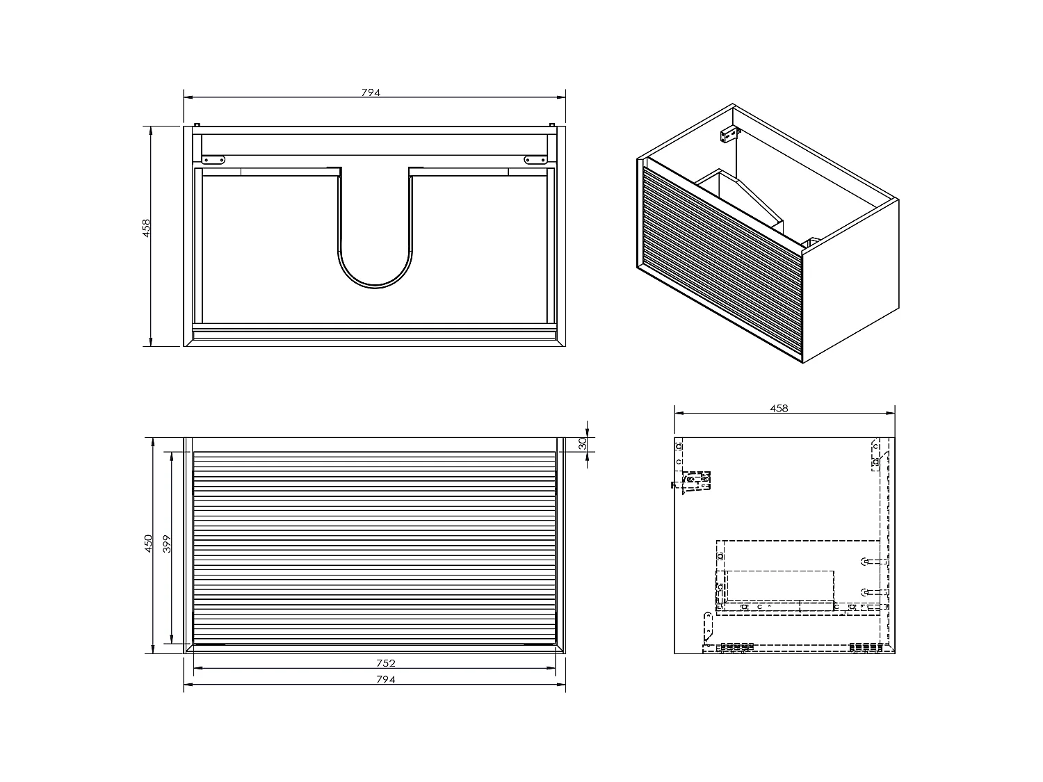 Meuble de salle de bain suspendu strié avec vasque à encastrer et colonne - Coloris naturel foncé et noir - 80 cm - BANIVA