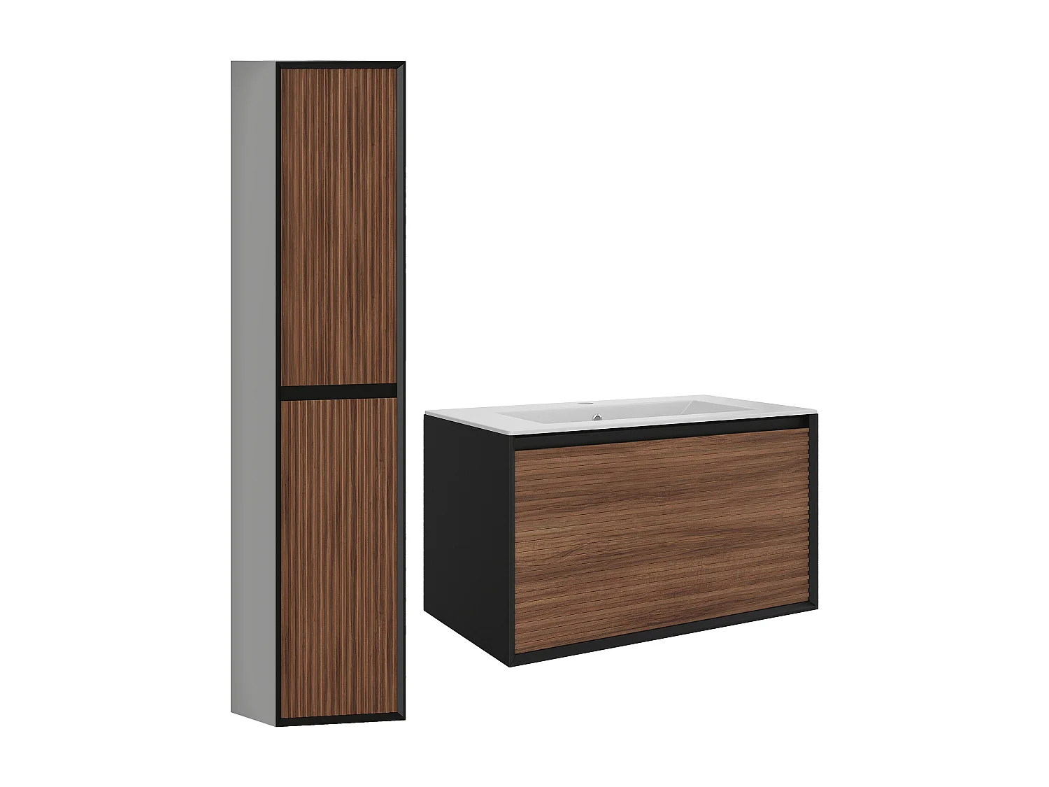 Meuble de salle de bain suspendu strié avec vasque à encastrer et colonne - Coloris naturel foncé et noir - 80 cm - BANIVA