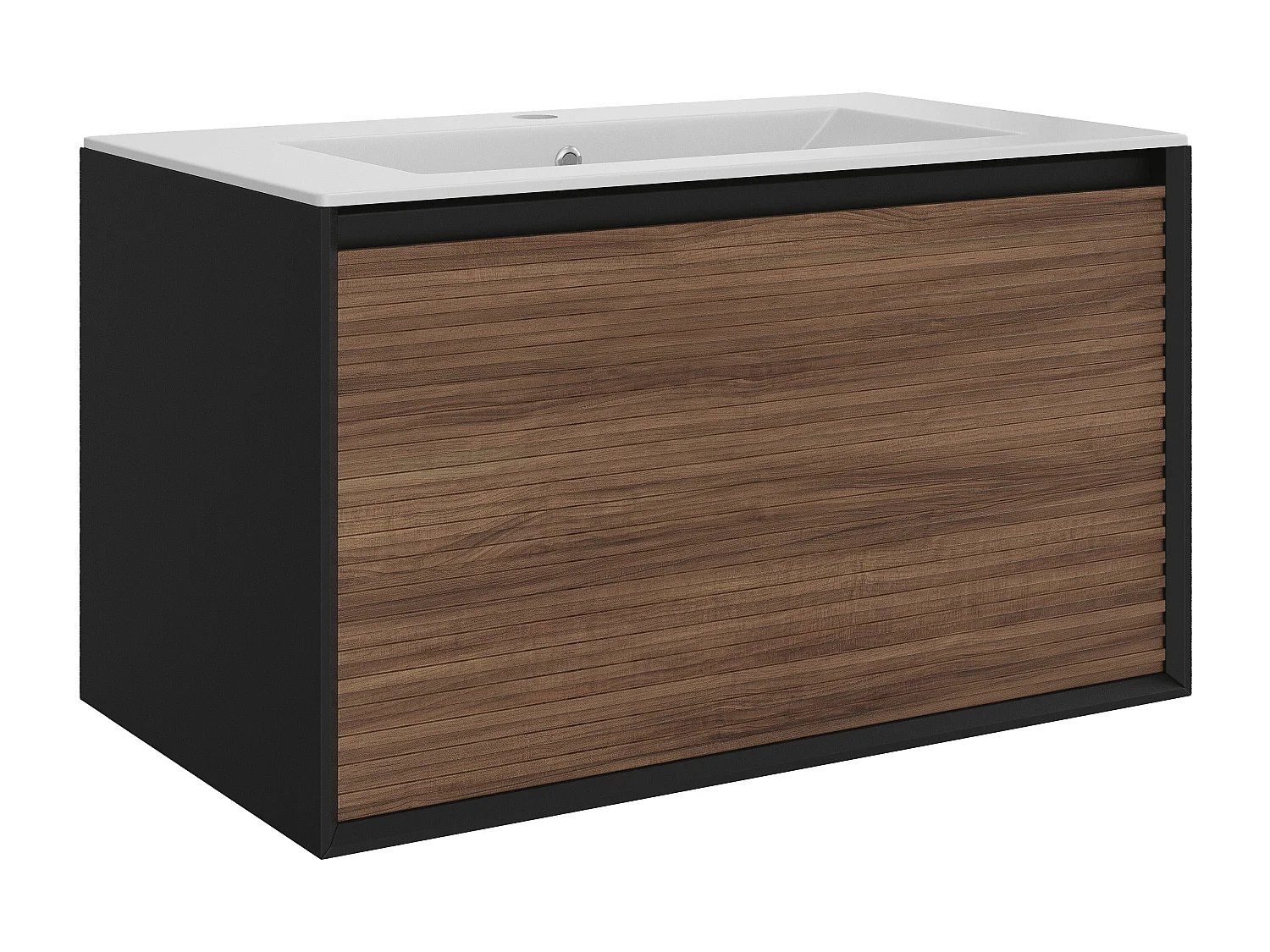 Meuble de salle de bain suspendu strié avec vasque à encastrer et colonne - Coloris naturel foncé et noir - 80 cm - BANIVA