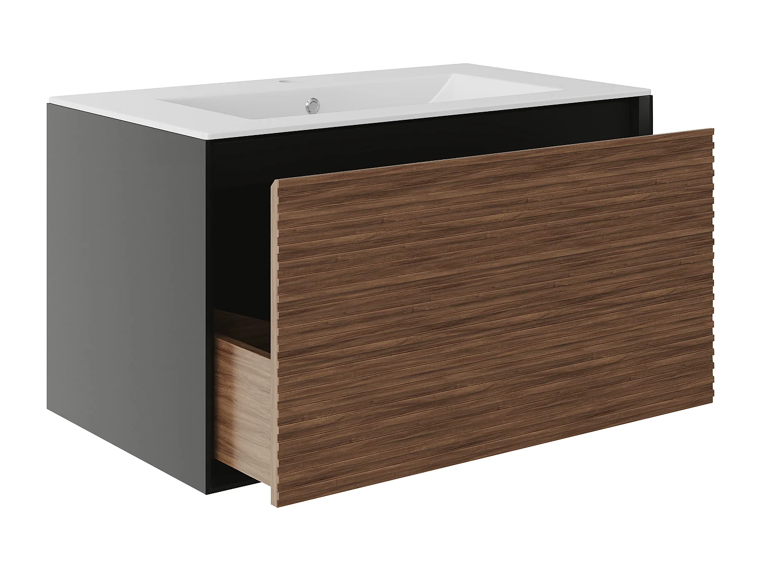 Meuble de salle de bain suspendu strié avec vasque à encastrer et colonne - Coloris naturel foncé et noir - 80 cm - BANIVA