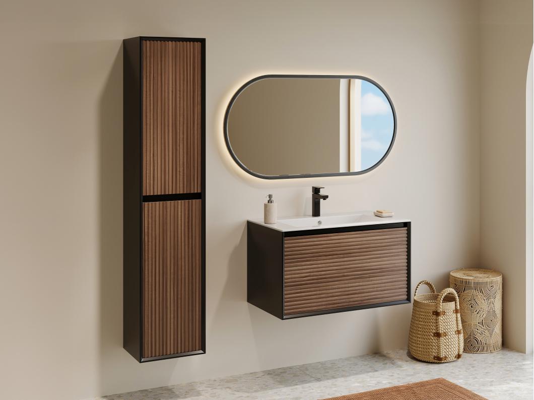 Meuble de salle de bain suspendu strié avec vasque à encastrer et colonne - Coloris naturel foncé et noir - 80 cm - BANIVA