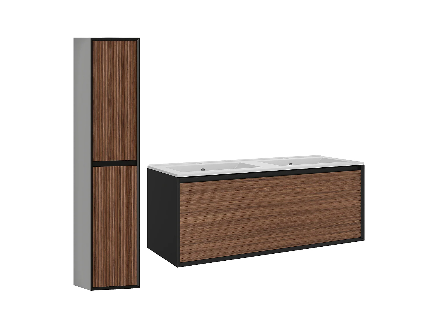 Meuble de salle de bain suspendu strié avec vasque à encastrer et colonne - Coloris naturel foncé et noir - 120 cm - BANIVA