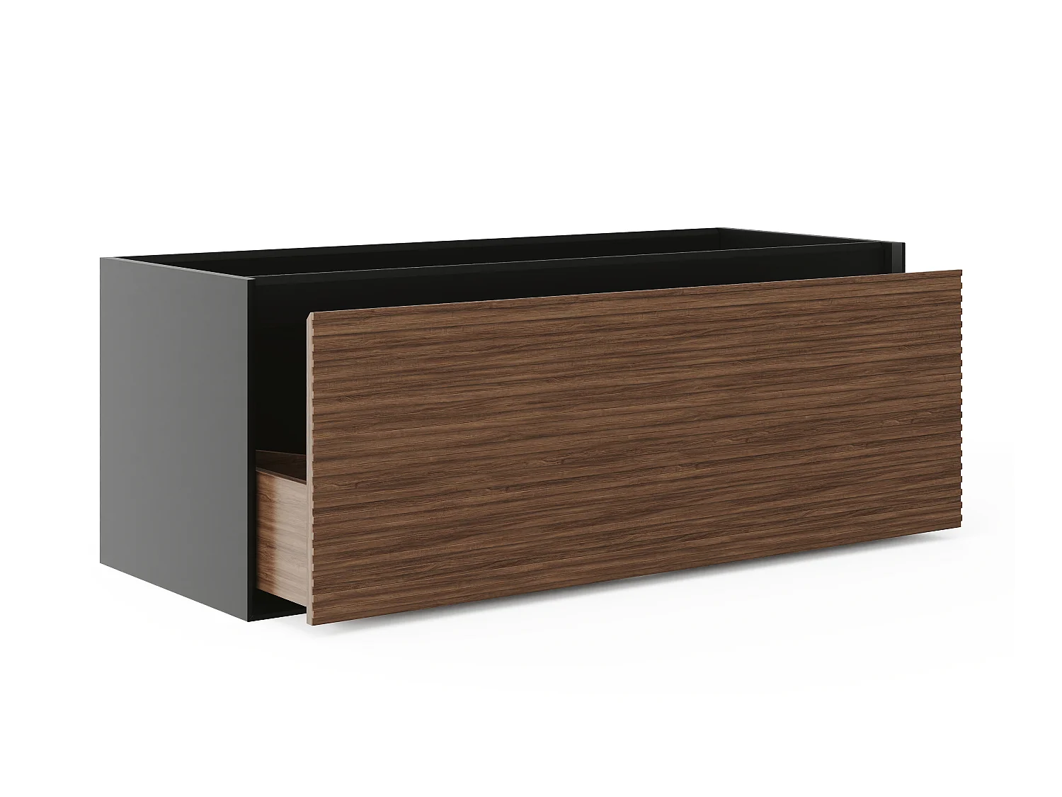 Meuble de salle de bain suspendu strié avec vasque à encastrer et colonne - Coloris naturel foncé et noir - 120 cm - BANIVA