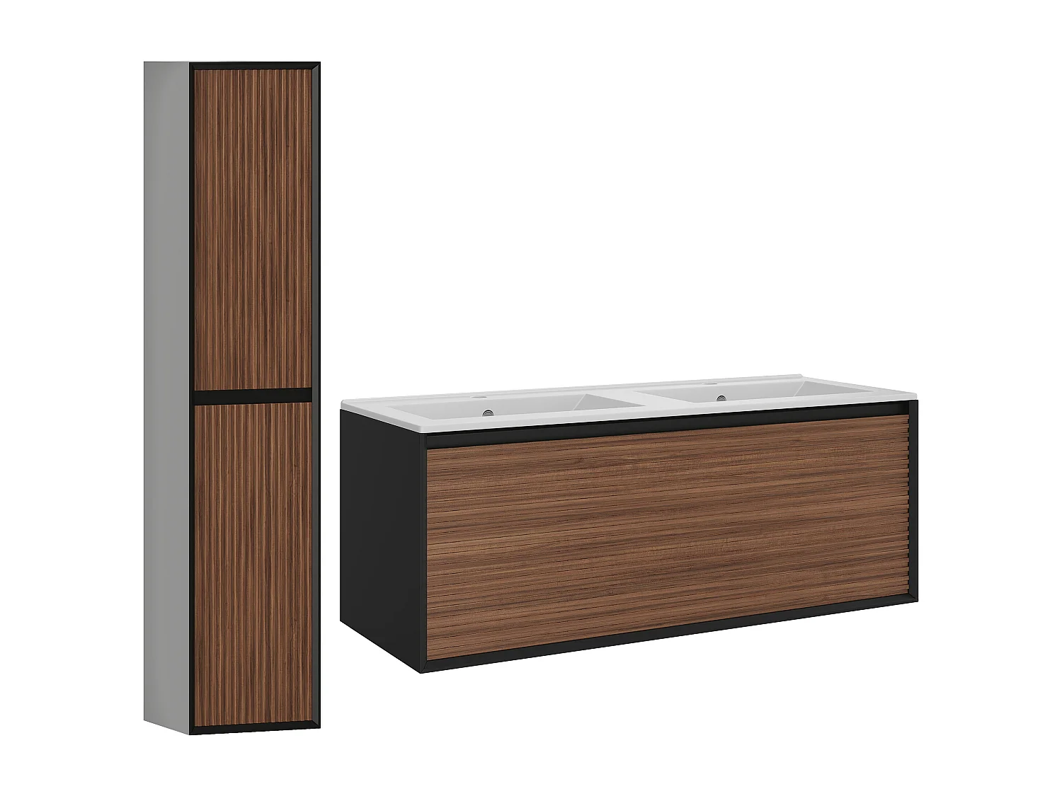 Meuble de salle de bain suspendu strié avec vasque à encastrer et colonne - Coloris naturel foncé et noir - 120 cm - BANIVA