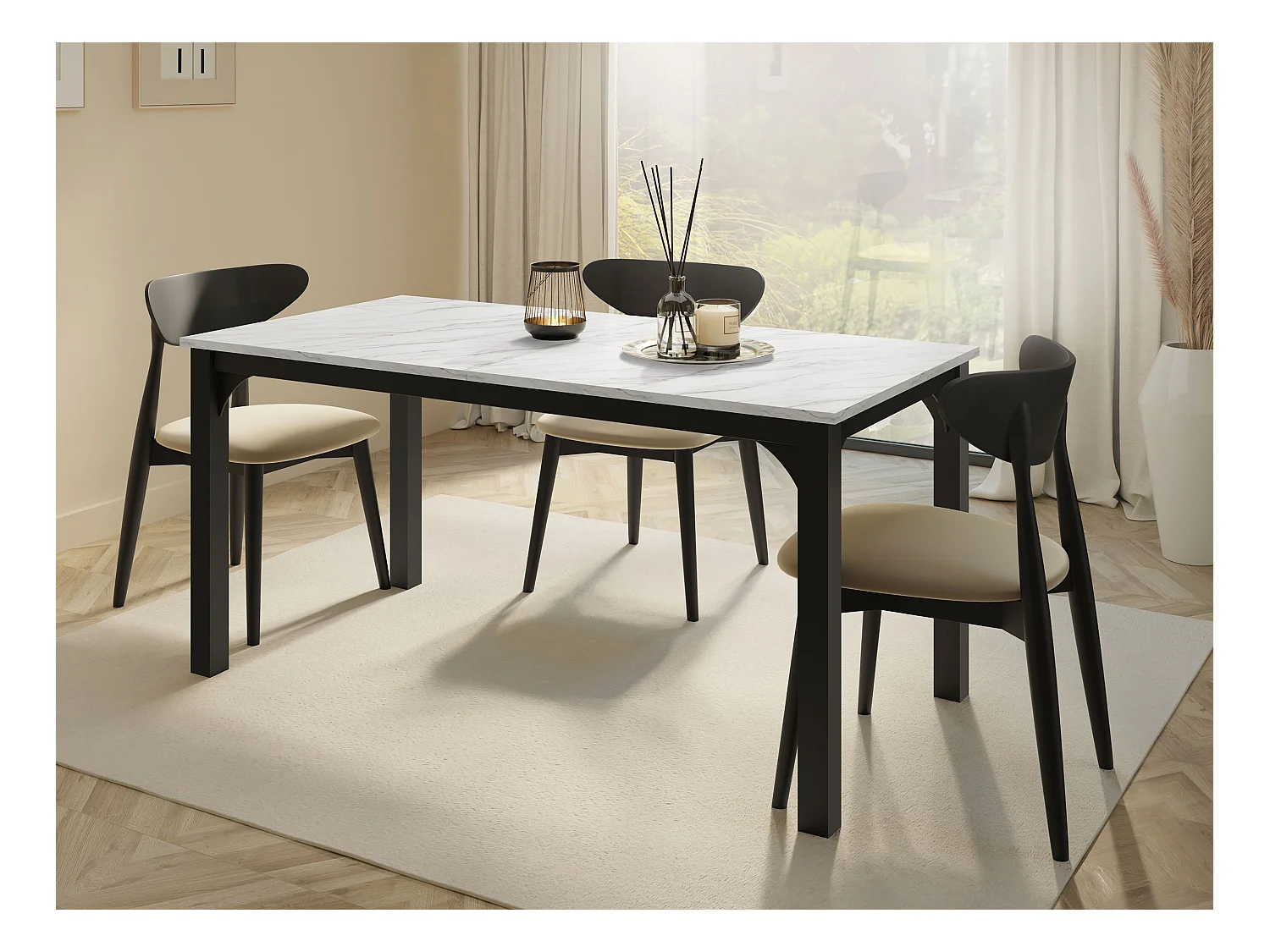 Mesa Oswego 137, Negro|Mármol blanco, 76x90x160cm, Alargamiento, Aglomerado laminado