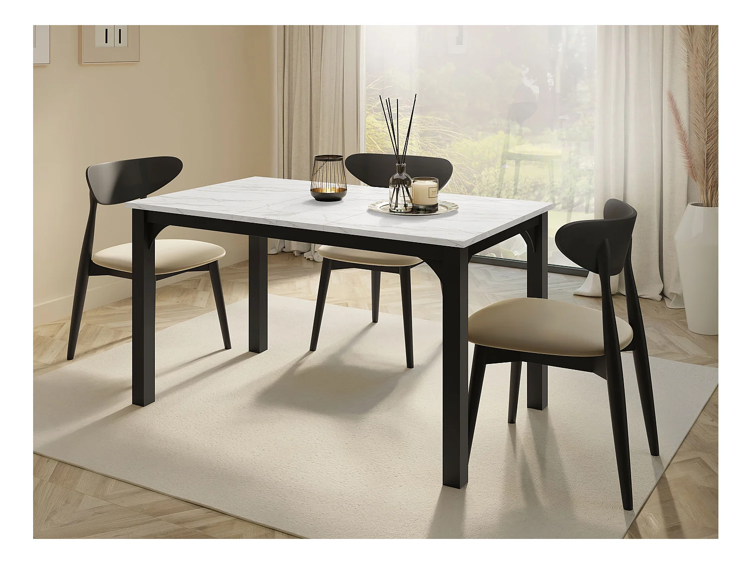 Table Oswego 136, Marbre blanc|Noir, 76x80x140cm, Allongement, Stratifié, Métal