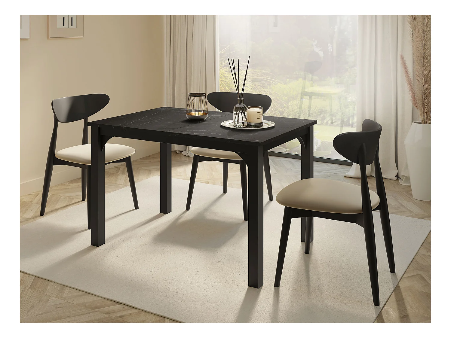 Mesa Oswego 135, Negro|Mármol negro, 76x80x120cm, Alargamiento, Aglomerado laminado