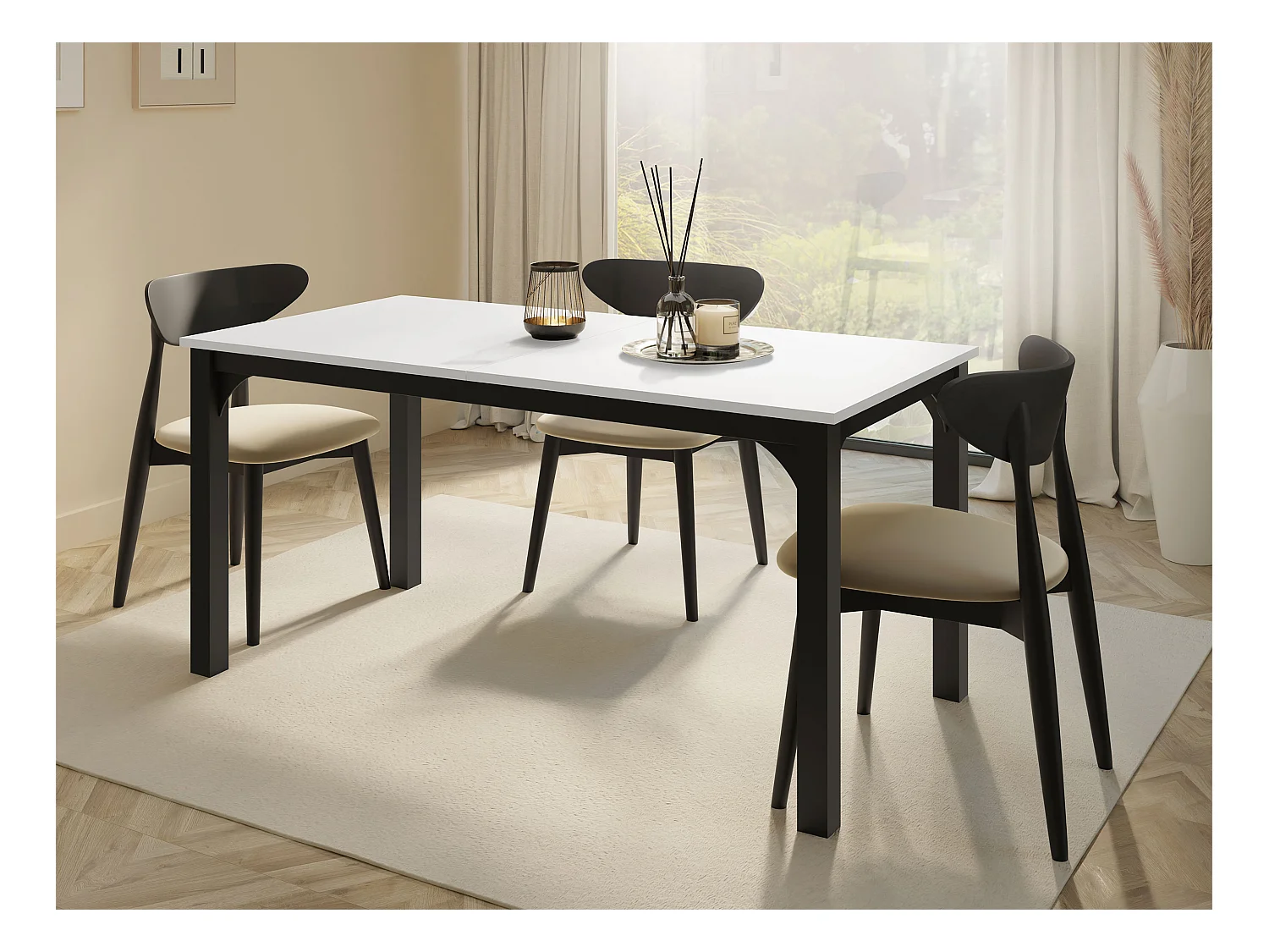 Mesa Oswego 137, Blanco|Negro, 76x90x160cm, Alargamiento, Aglomerado laminado, Metal