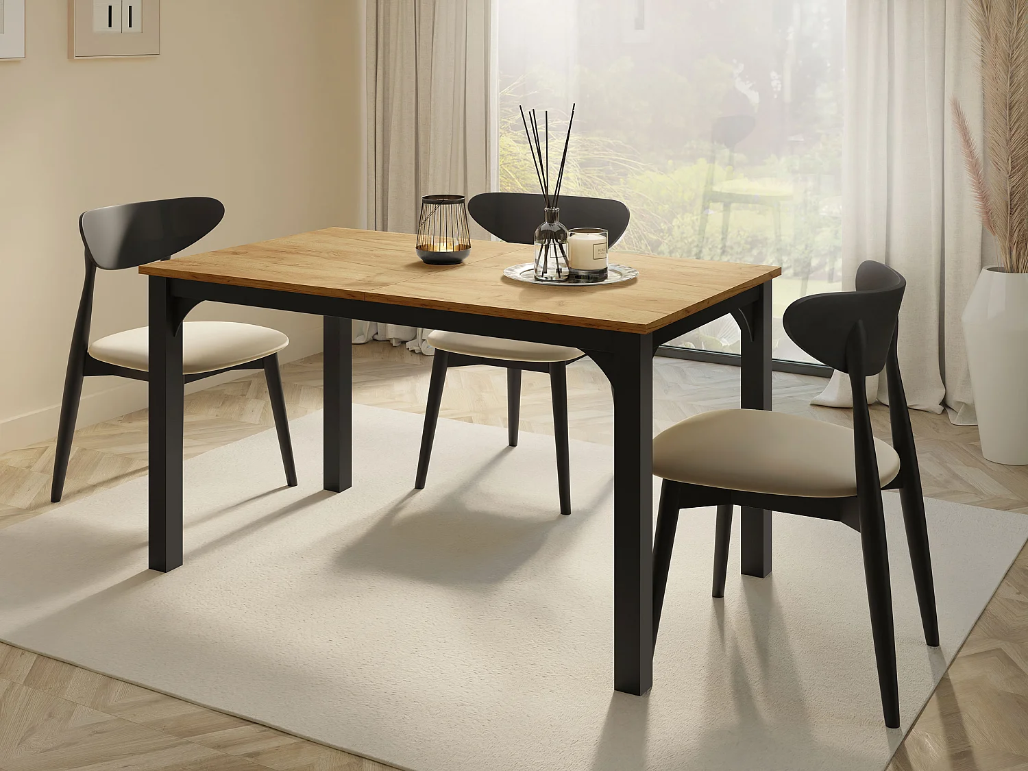 Mesa Oswego 136, Negro|Roble dorado artesanal, 76x80x140cm, Alargamiento, Metal