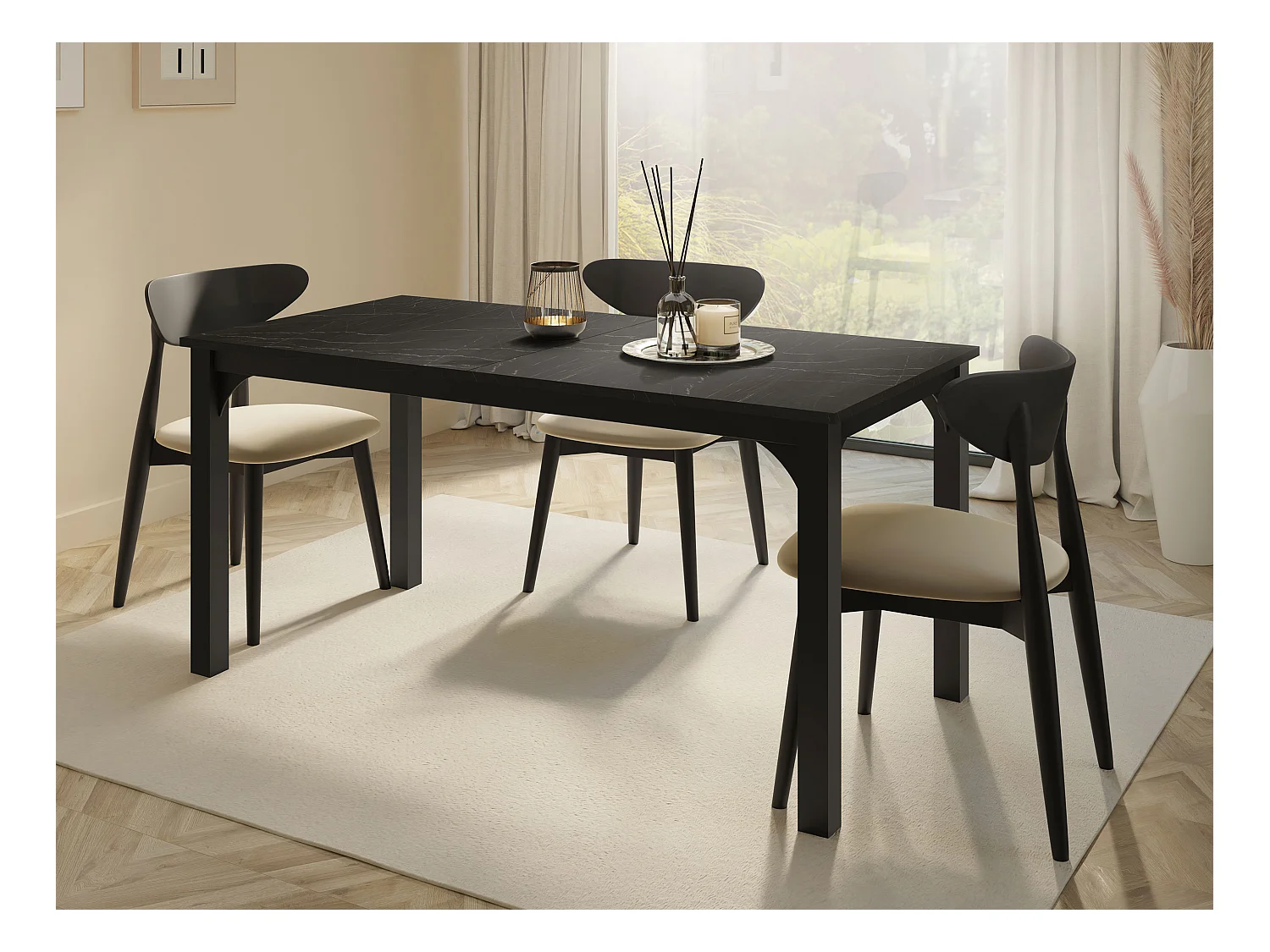 Table Oswego 137, Marbre noir|Noir, 76x90x160cm, Allongement, Stratifié, Métal
