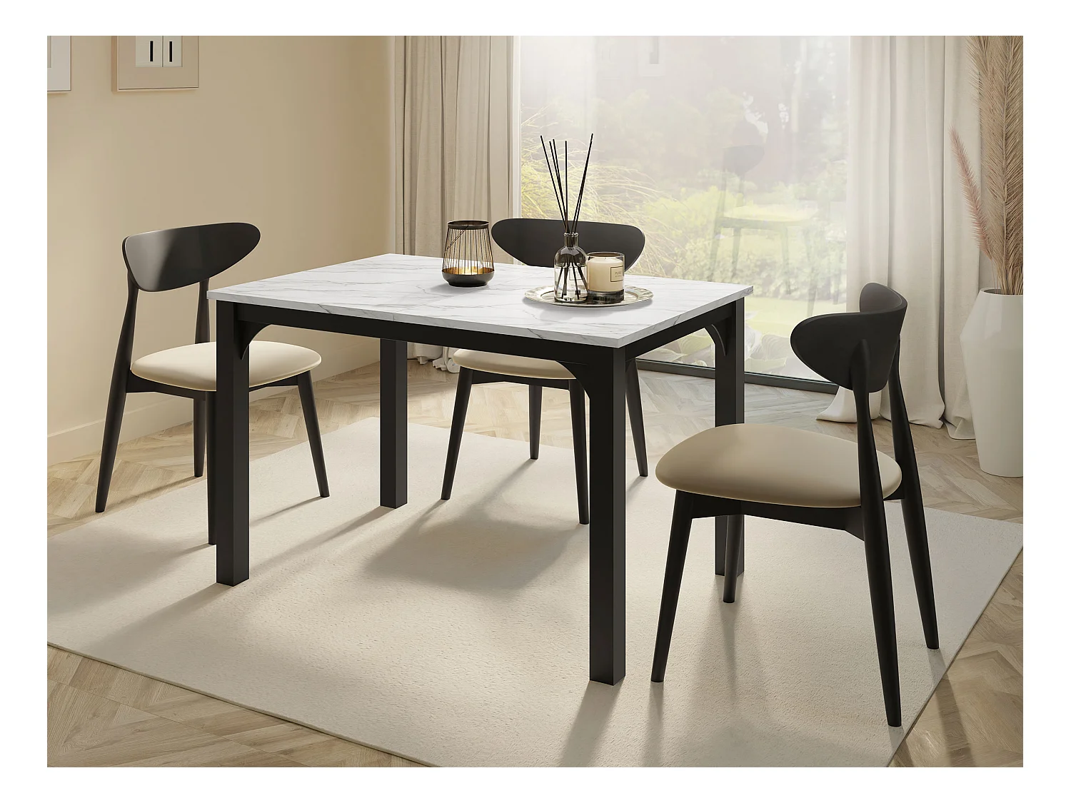 Table Oswego 135, Marbre blanc|Noir, 76x80x120cm, Allongement, Stratifié, Métal