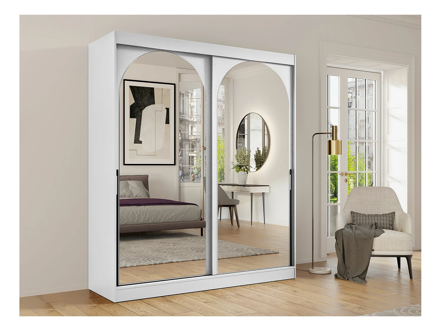 Armoire Toledo 132, Noir|Blanc, 216x180x65cm, Portes d'armoire: Coulissantes