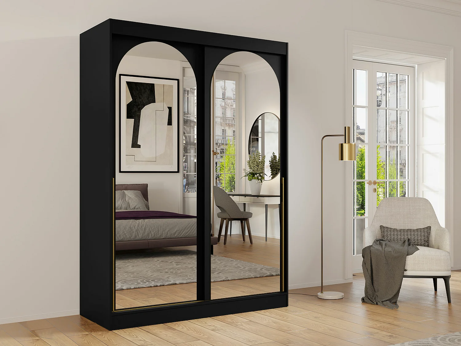 Armario Toledo 131, Negro|Dorado, 216x150x65cm, Puertas de armario: Correderas