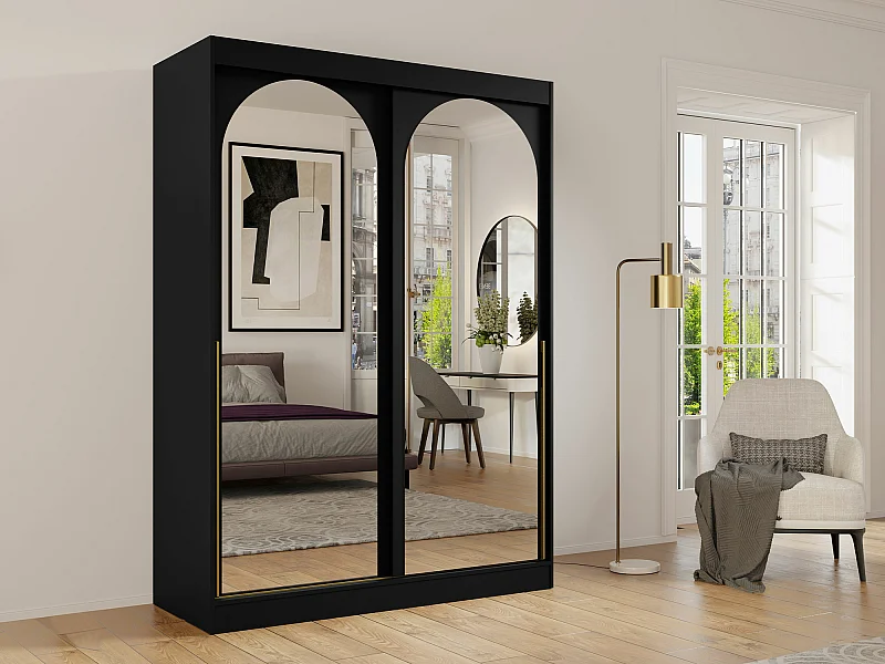 Armoire Toledo 131, Doré|Noir, 216x150x65cm, Portes d'armoire: Coulissantes