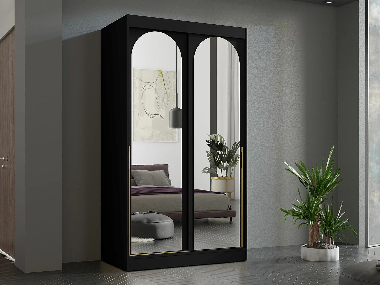 Armario Toledo 130, Negro|Dorado, 216x120x65cm, Puertas de armario: Correderas