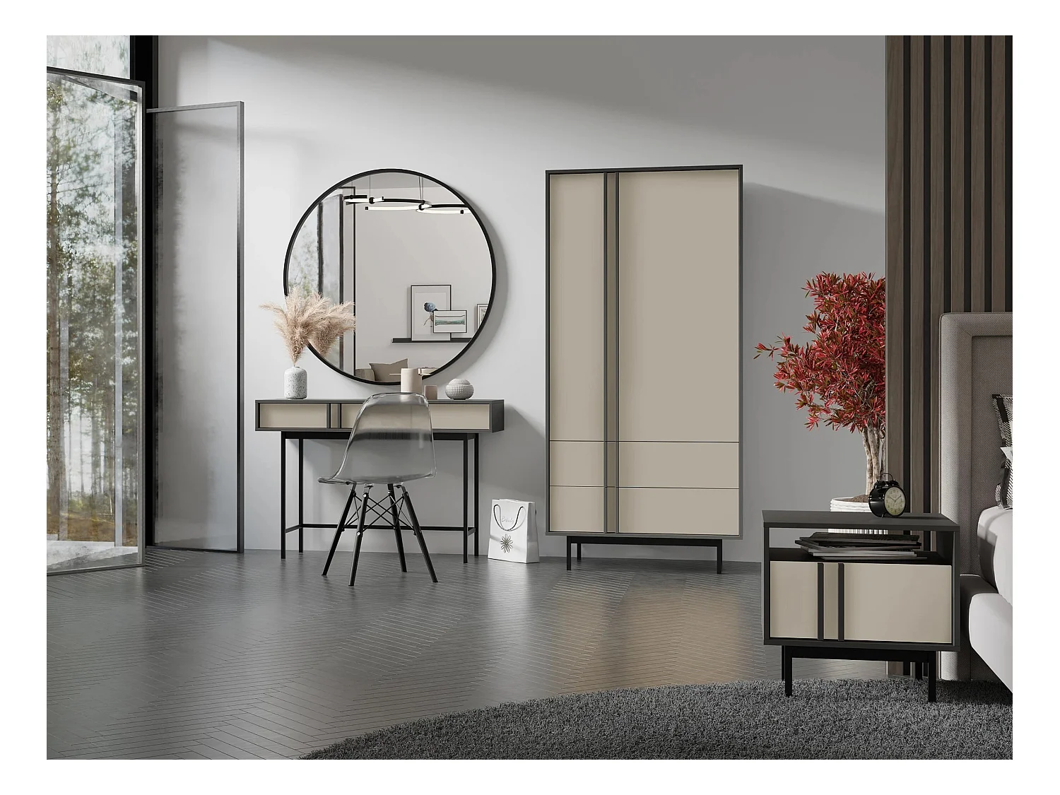 Armario Levali 100, Beige|Antracita, 195x93x60cm, Puertas de armario: Con bisagras