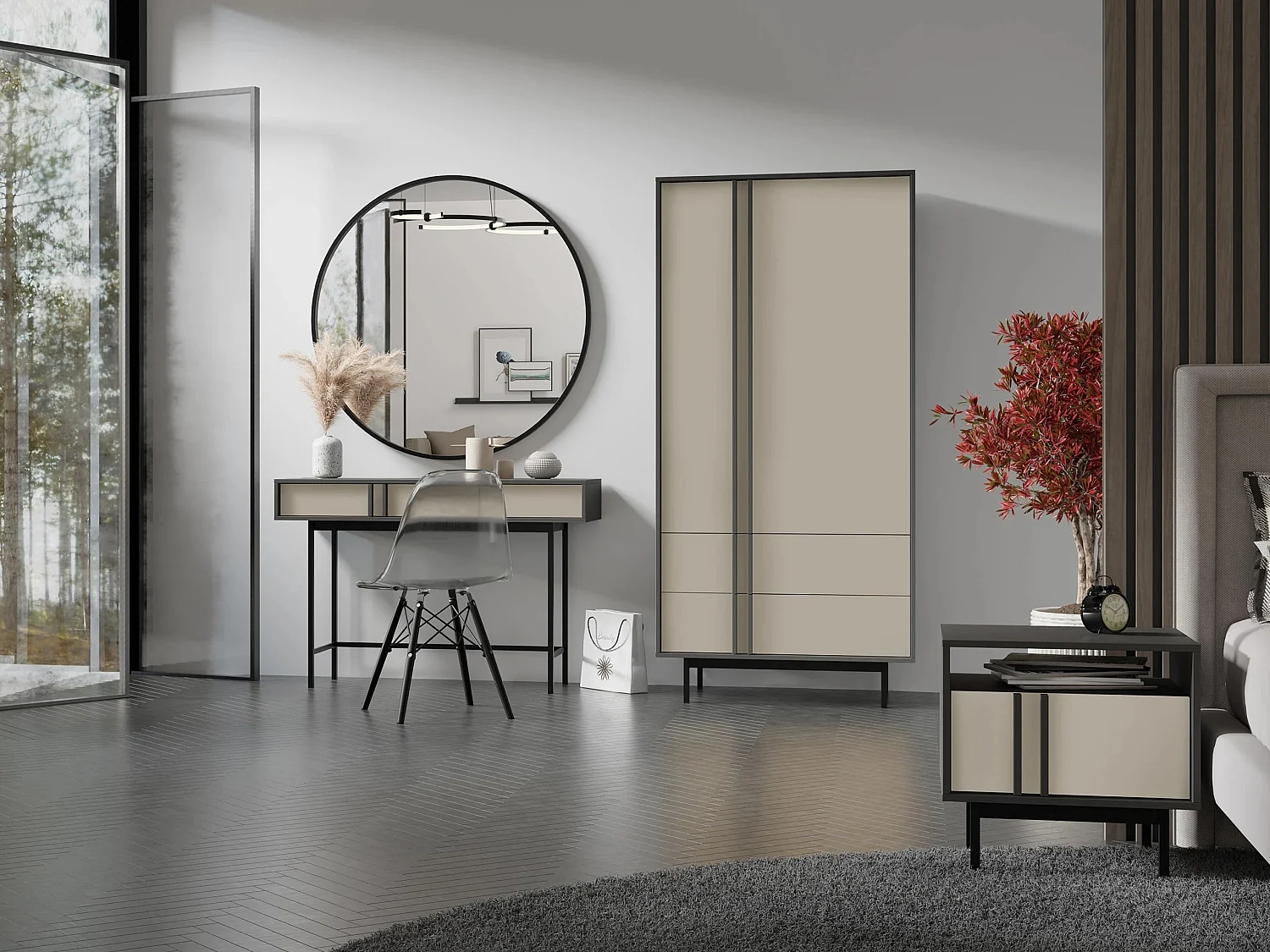 Armario Levali 100, Beige|Antracita, 195x93x60cm, Puertas de armario: Con bisagras