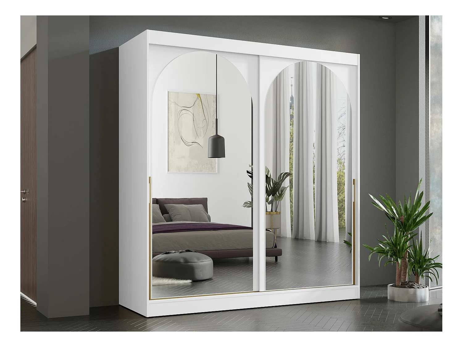 Armoire Toledo 133, Doré|Blanc, 216x200x65cm, Portes d'armoire: Coulissantes