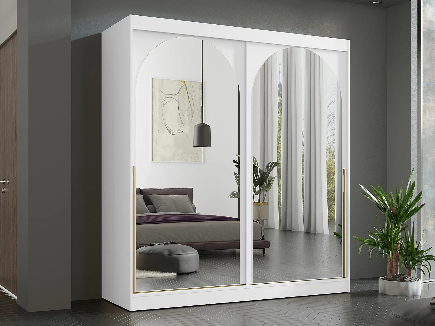 Armoire Toledo 133, Blanc|Doré, 216x200x65cm, Portes d'armoire: Coulissantes