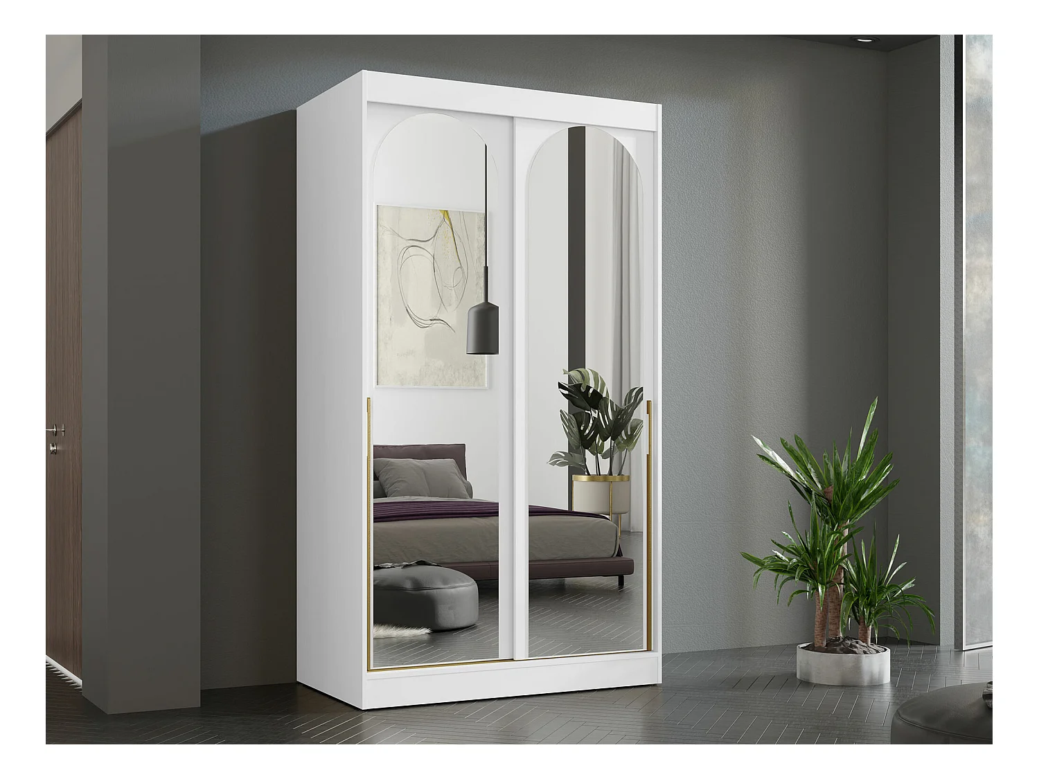 Armoire Toledo 130, Doré|Blanc, 216x120x65cm, Portes d'armoire: Coulissantes