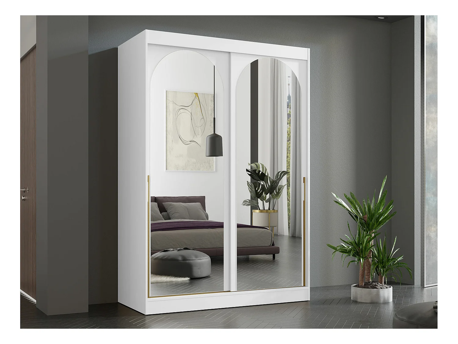 Armoire Toledo 131, Doré|Blanc, 216x150x65cm, Portes d'armoire: Coulissantes