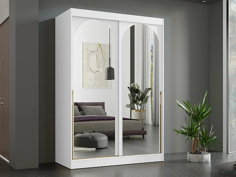 Armoire Toledo 131, Blanc|Doré, 216x150x65cm, Portes d'armoire: Coulissantes