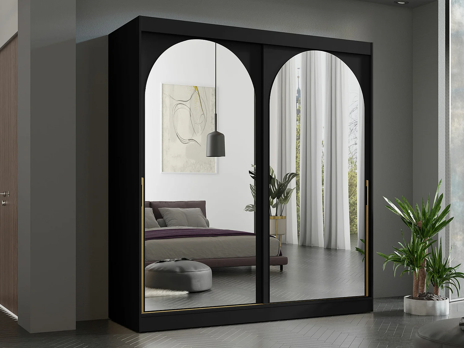 Armoire Toledo 133, Doré|Noir, 216x200x65cm, Portes d'armoire: Coulissantes