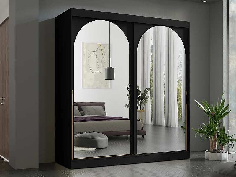 Armoire Toledo 133, Noir|Doré, 216x200x65cm, Portes d'armoire: Coulissantes