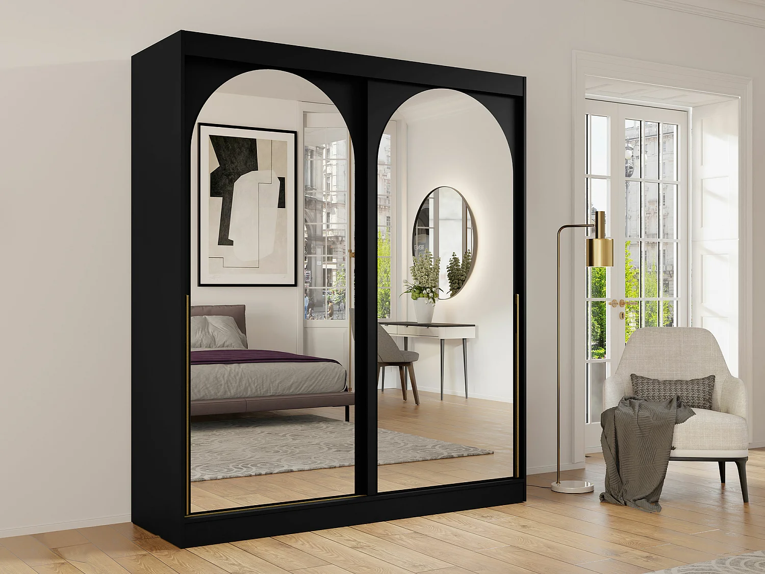 Armario Toledo 132, Negro|Dorado, 216x180x65cm, Puertas de armario: Correderas
