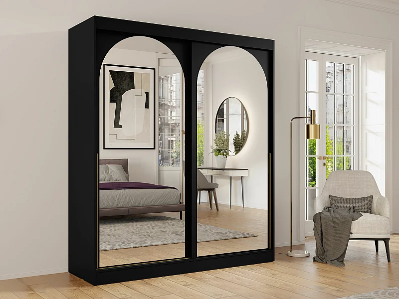 Armoire Toledo 132, Doré|Noir, 216x180x65cm, Portes d'armoire: Coulissantes
