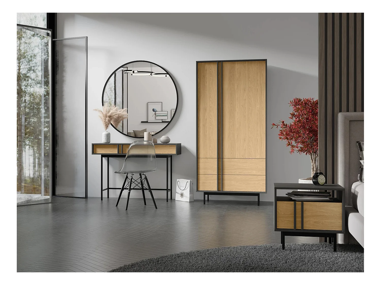 Armario Levali 100, Roble|Antracita, 195x93x60cm, Puertas de armario: Con bisagras