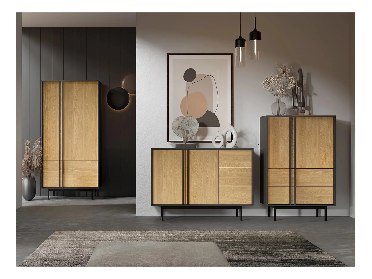 Armario Levali 100, Roble|Antracita, 195x93x60cm, Puertas de armario: Con bisagras