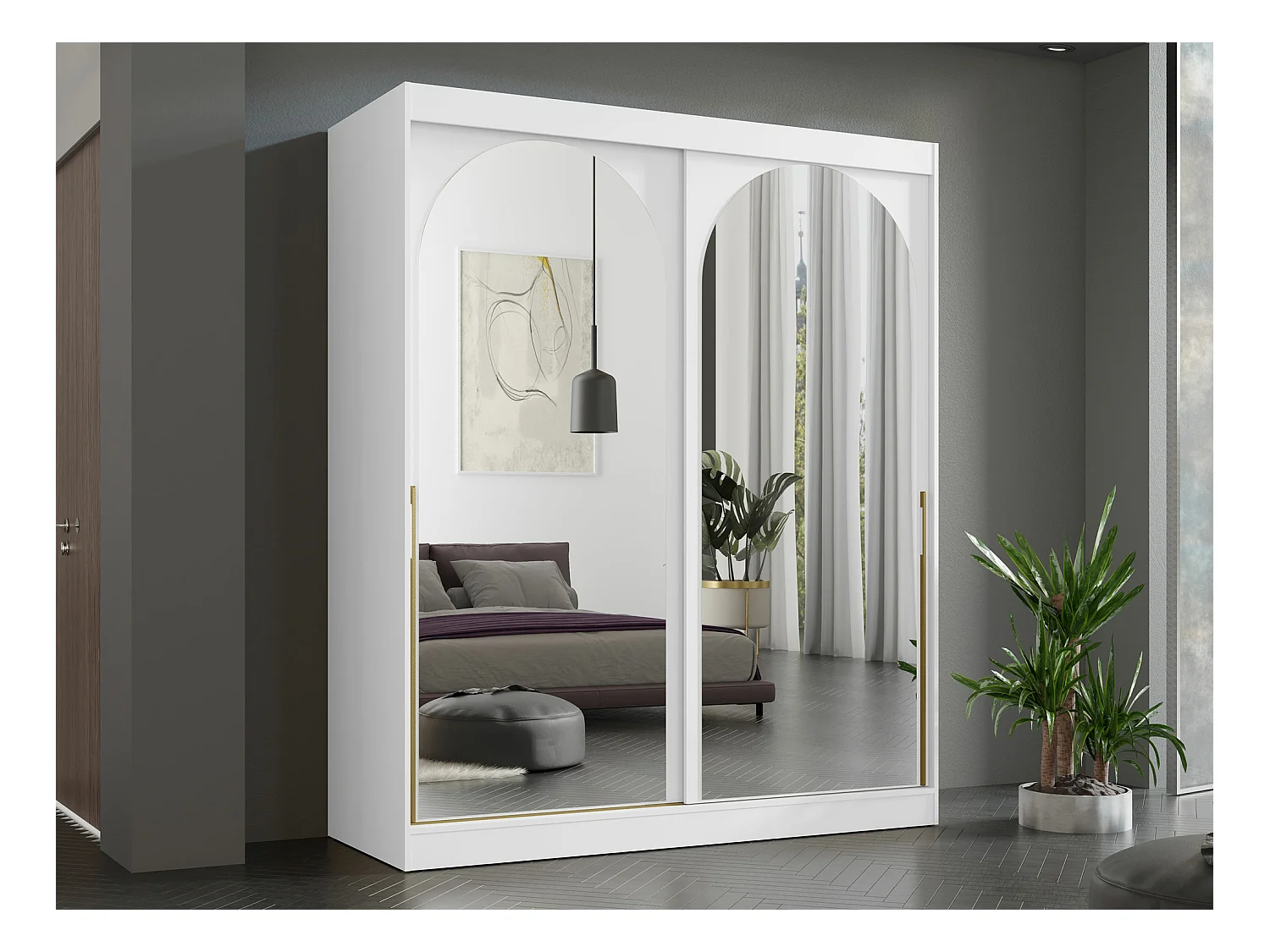 Armoire Toledo 132, Doré|Blanc, 216x180x65cm, Portes d'armoire: Coulissantes