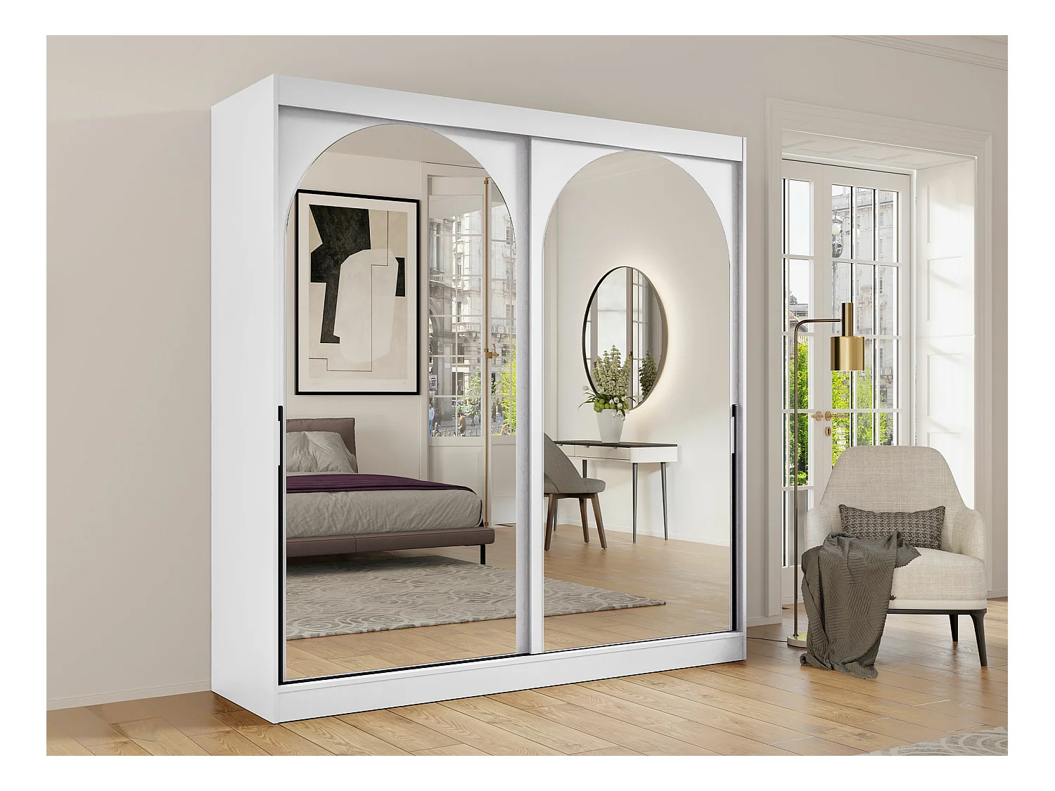 Armoire Toledo 133, Noir|Blanc, 216x200x65cm, Portes d'armoire: Coulissantes