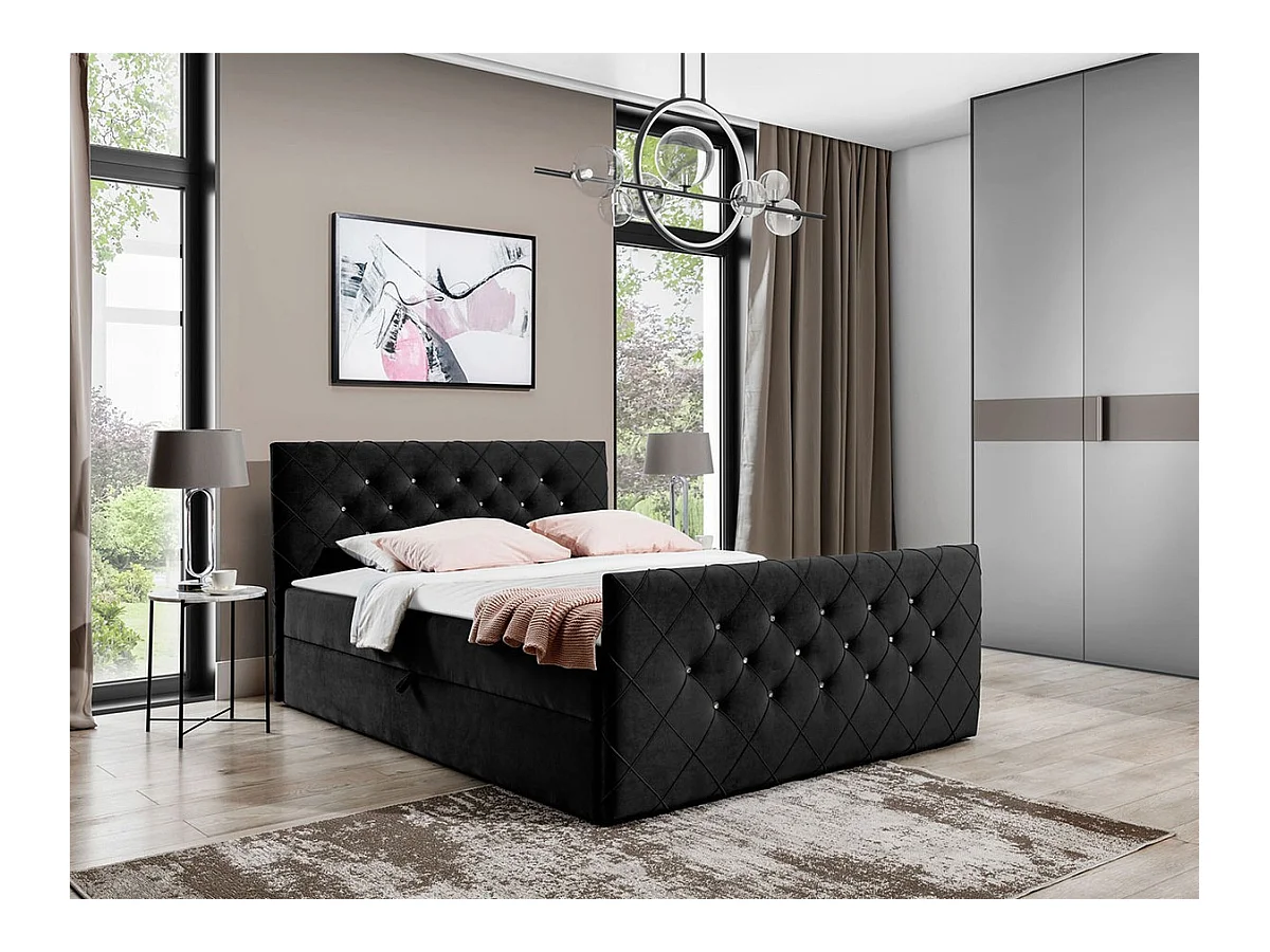 Lit continental Baltimore 158, Continental, Double, Noir, 200x200, Tapisserie, 204x213cm