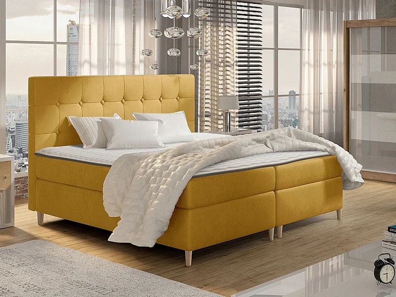 Lit continental Baltimore 130, Continental, Double, Jaune, 200x200, Tapisserie, 202x208cm