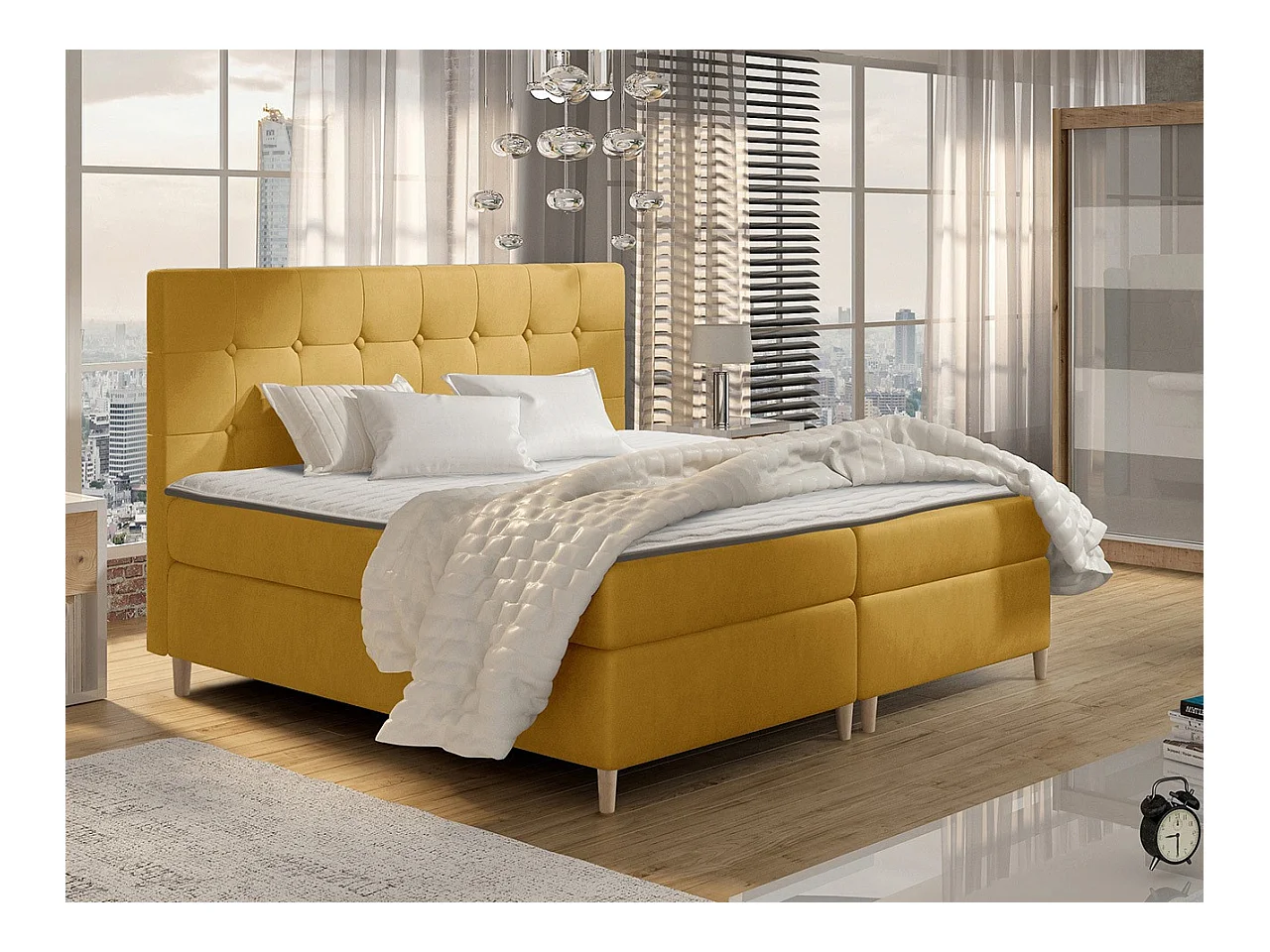 Lit continental Baltimore 130, Continental, Double, Jaune, 200x200, Tapisserie, 202x208cm