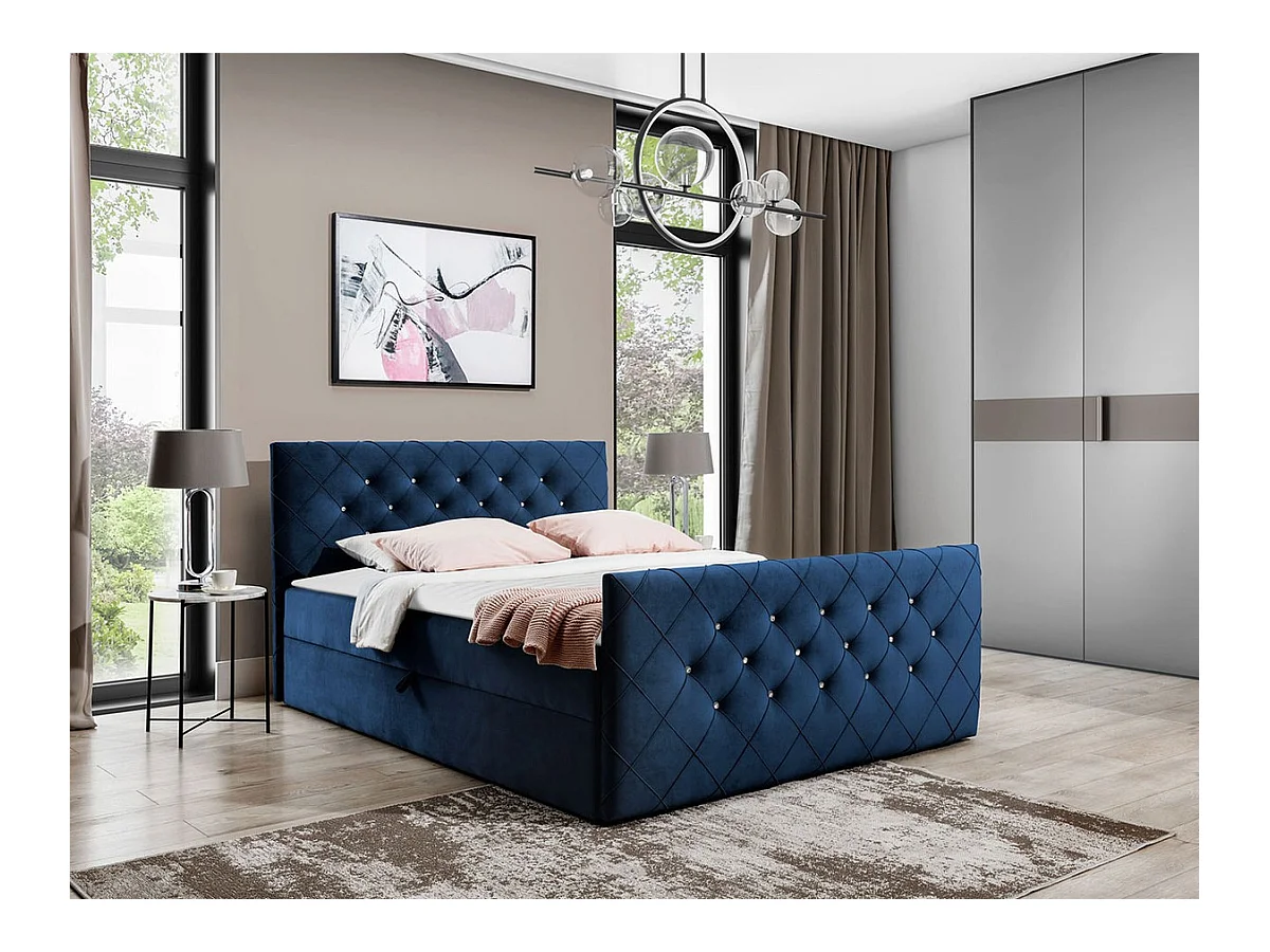 Lit continental Baltimore 158, Double, Continental, Bleu, 200x200, Tapisserie, 204x213cm