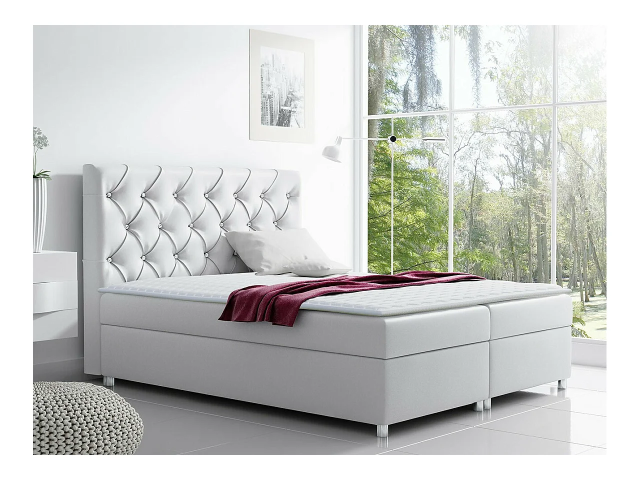Lit continental Baltimore 112, Double, Continental, Blanc, 200x200, Faux cuir, 200x213cm