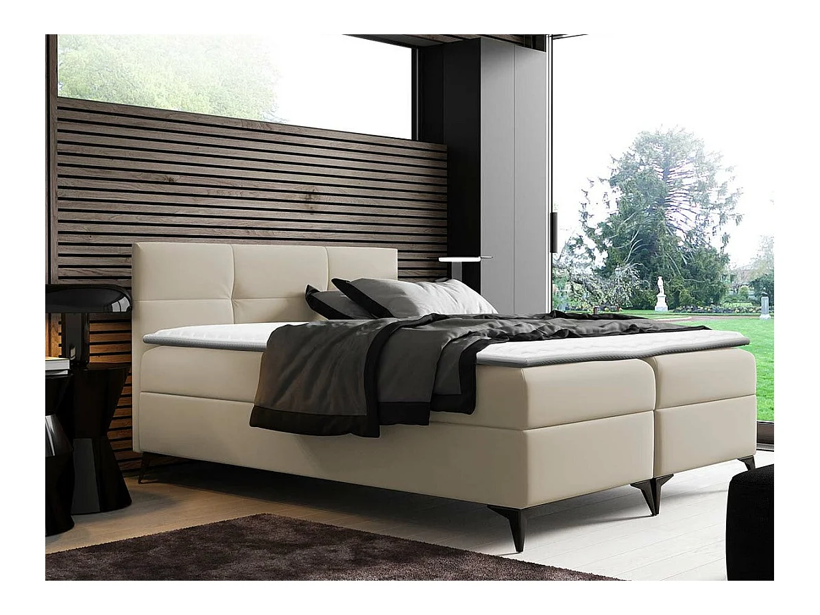 Cama continental Baltimore 134, Casal, Castanho claro, Couro Ecológico