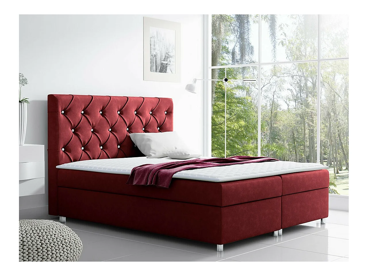 Lit continental Baltimore 112, Continental, Double, Rouge, 200x200, Tapisserie, 200x213cm
